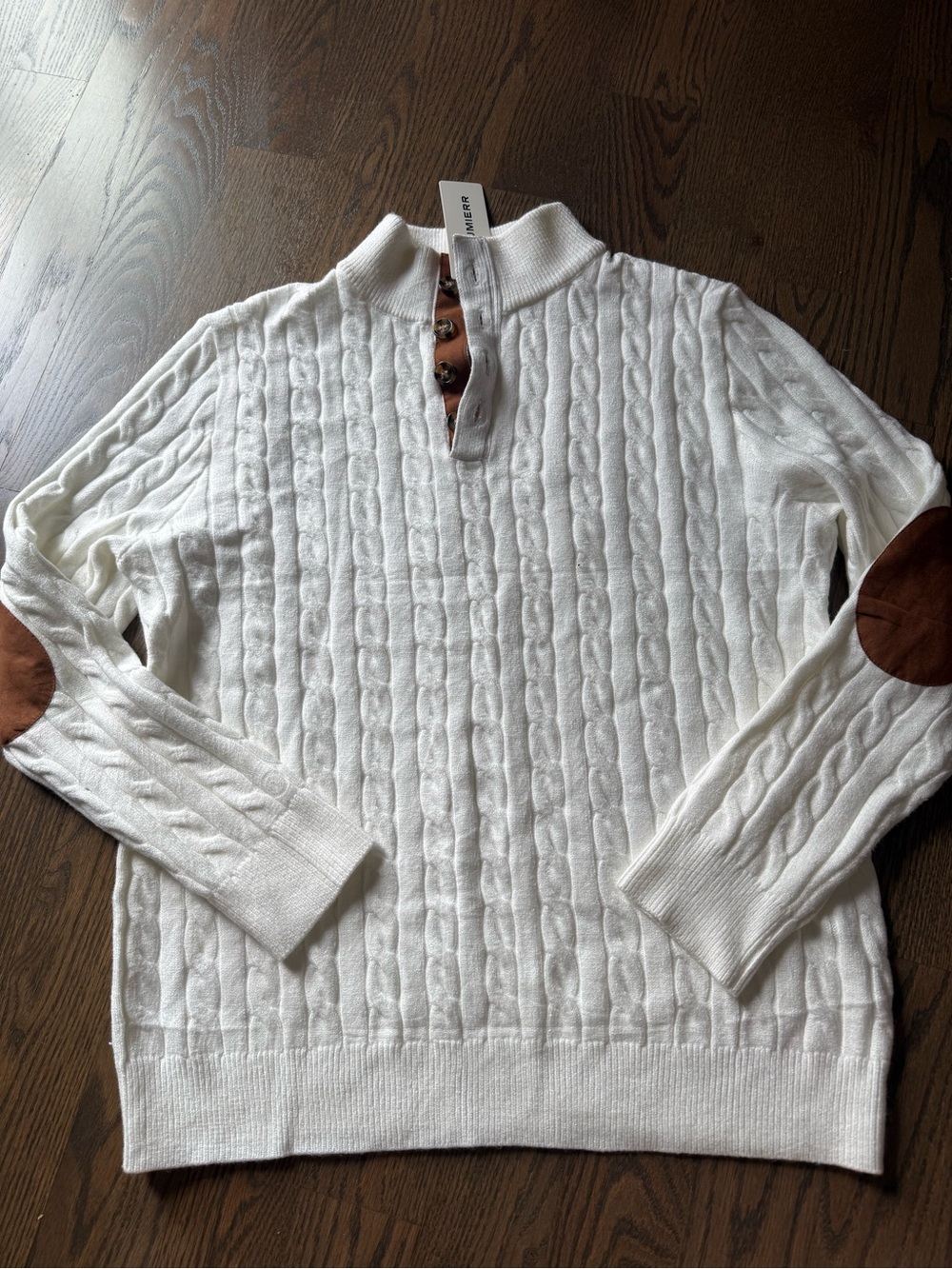 NWT Men's White Cable-Knit Quarter-Button Sweater with Brown Elbow Patches large